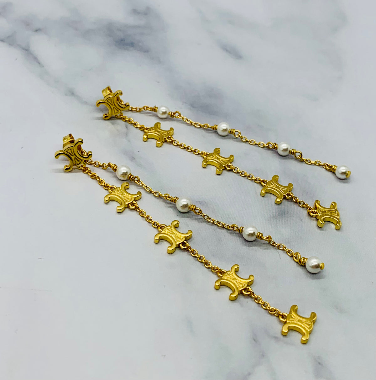 CELINE Monogram Pearl Pendant Earrings - USED