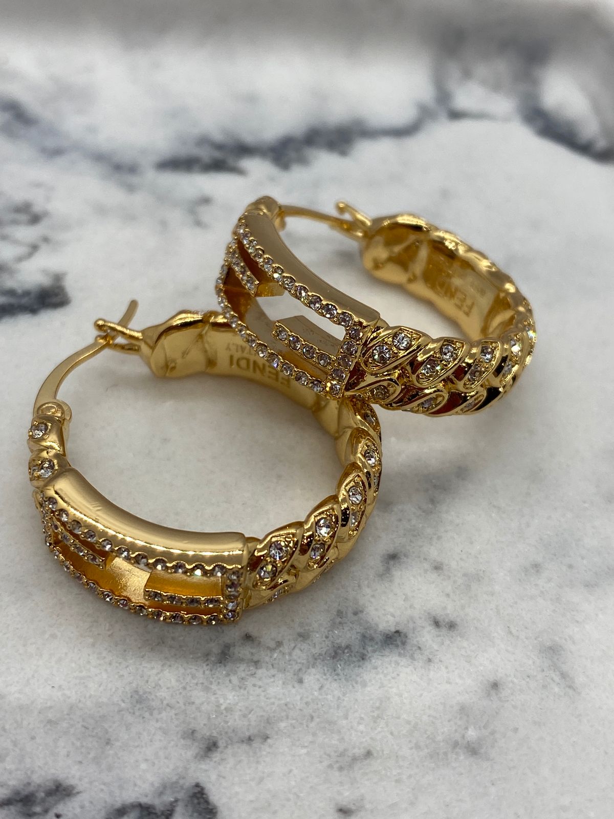 FENDI F Gold Tone Rhinestone Hoop Earrings - Pre owned