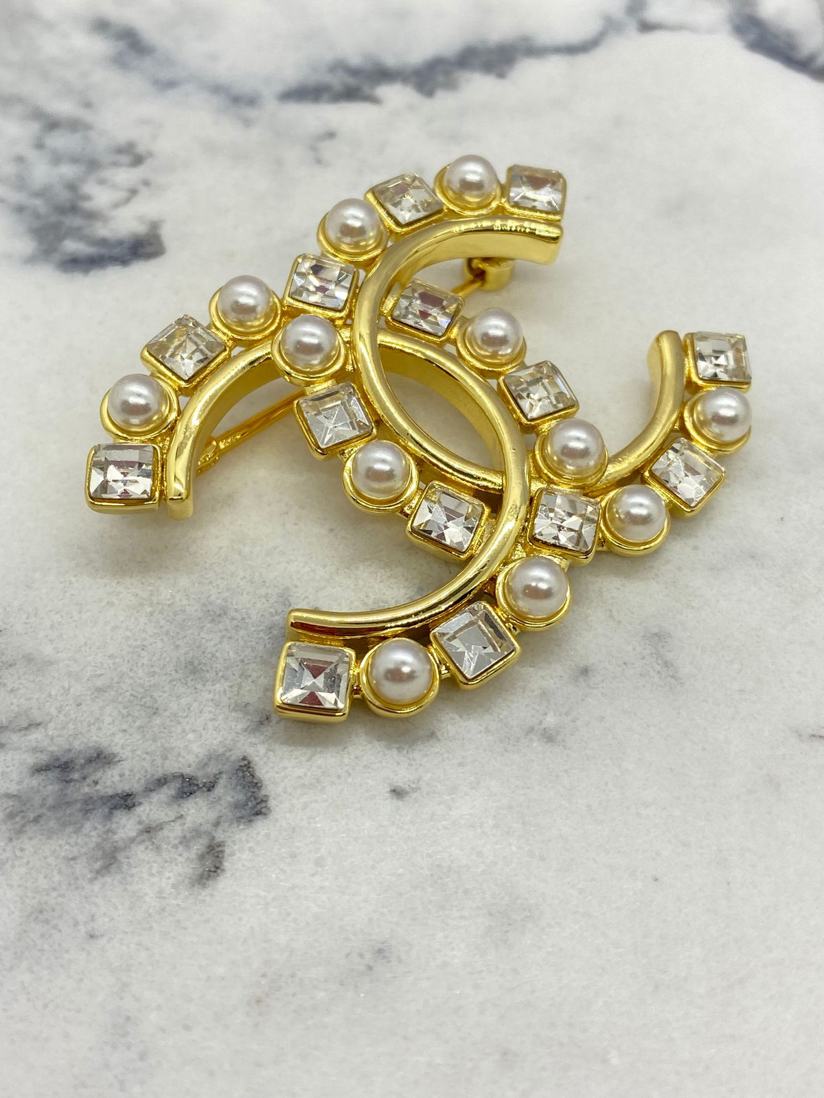 CHANEL CC Gold Tone Rhinestone Brooch Pin - USED
