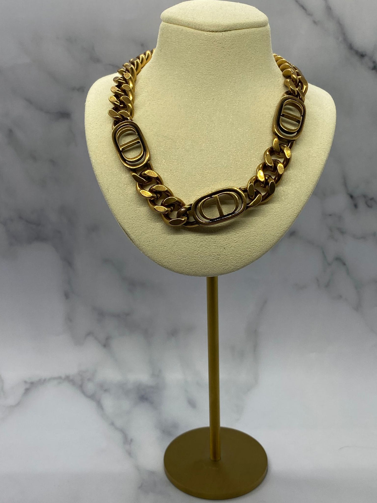 CHRISTIAN DIOR CD Brass Tone Monogram Necklace Choker - Pre owned