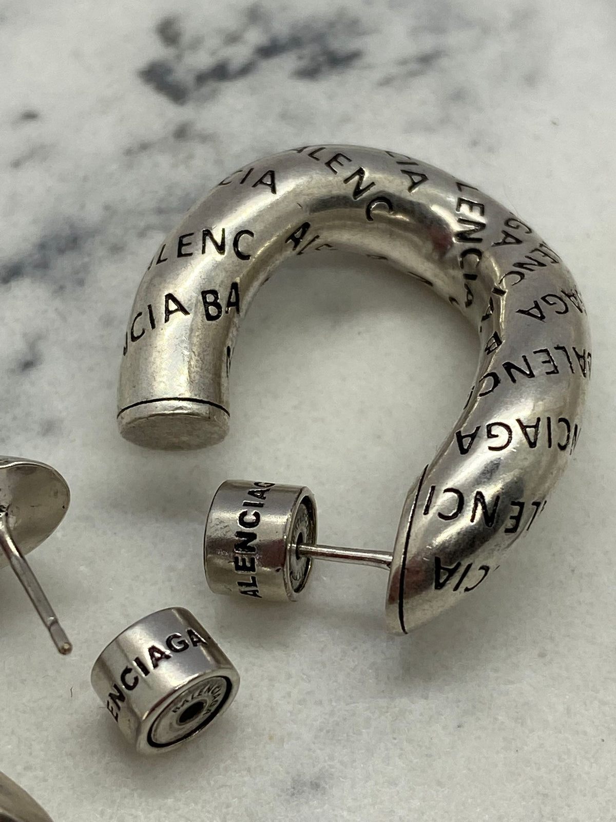 BALENCIAGA Silver Tone Monogram Hoop Earrings - Pre owned