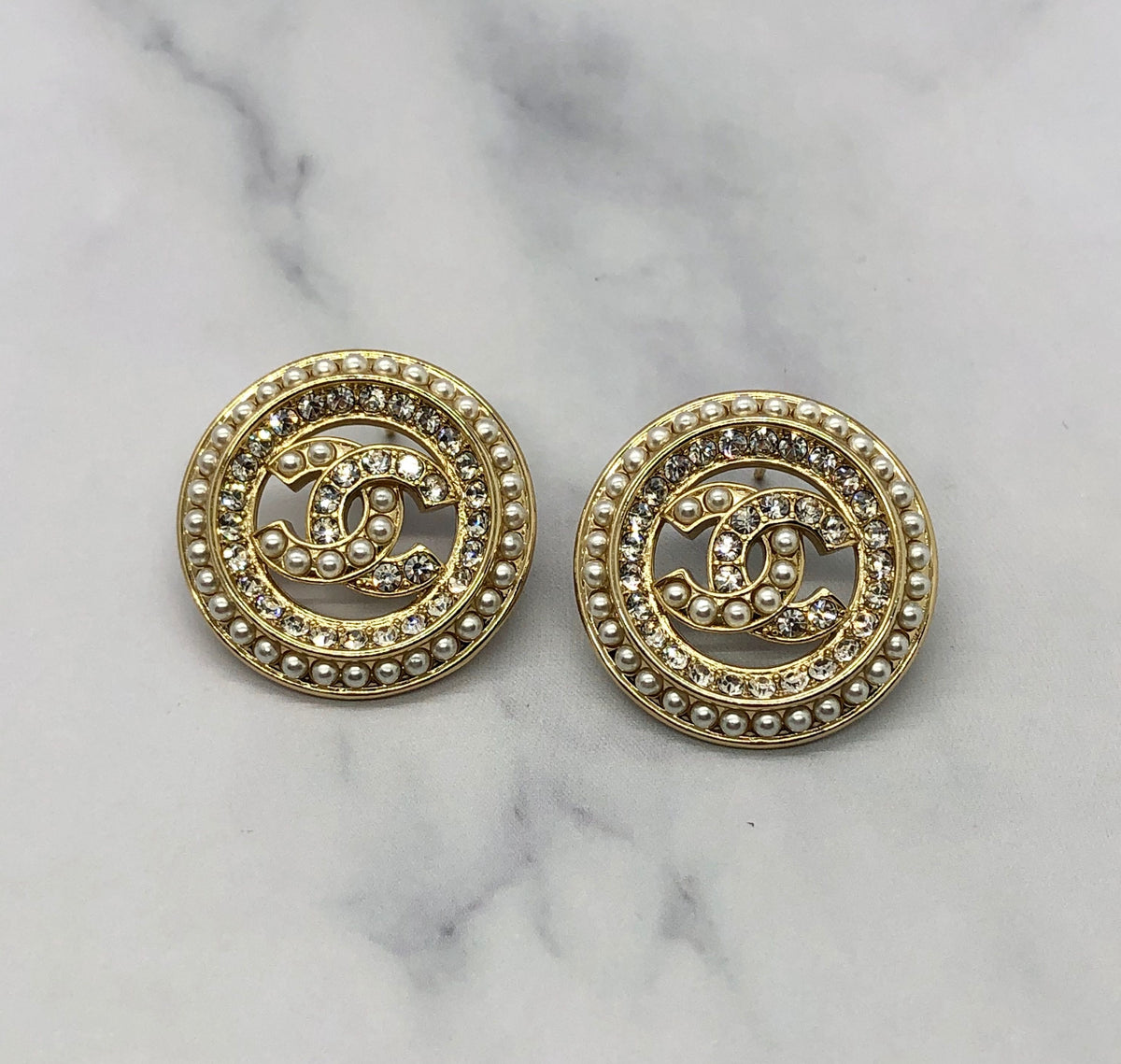 CHANEL CC Gold Tone Rhinestone Circle Earrings - Pre owned