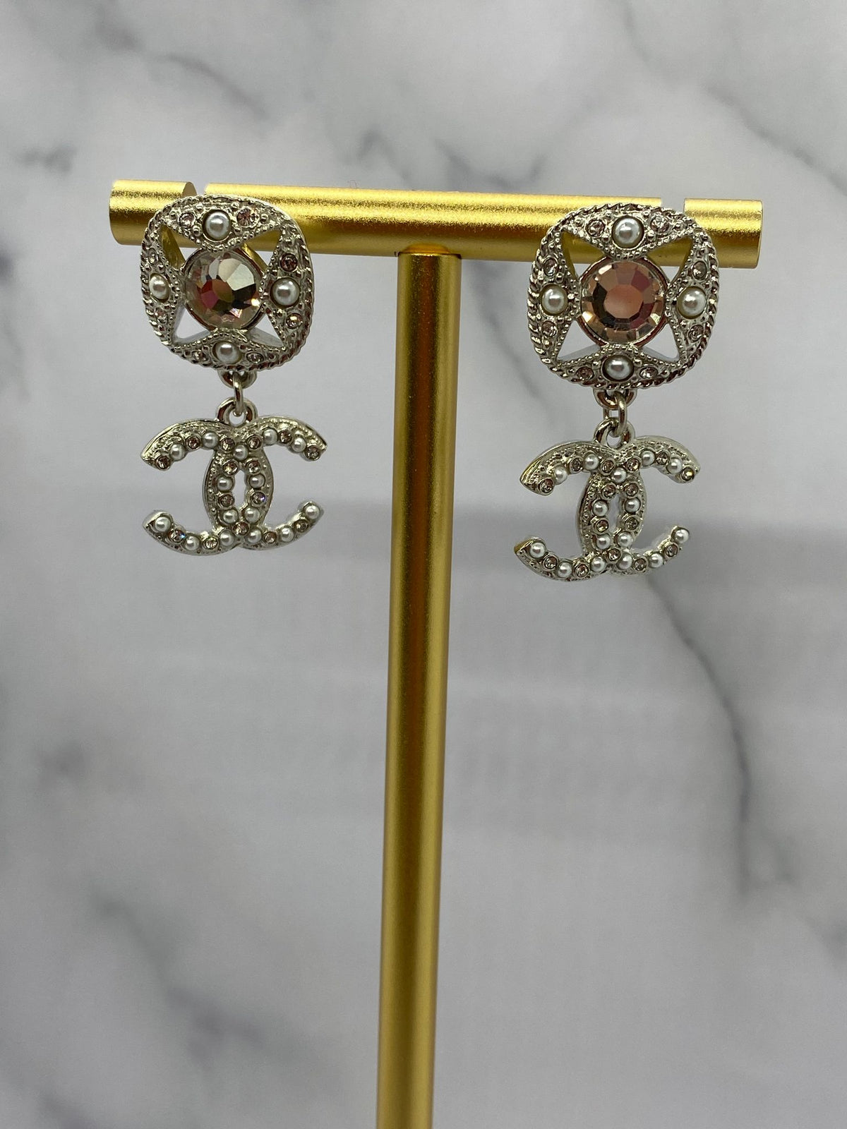 CHANEL CC Silver Tone Pendant Earrings - USED