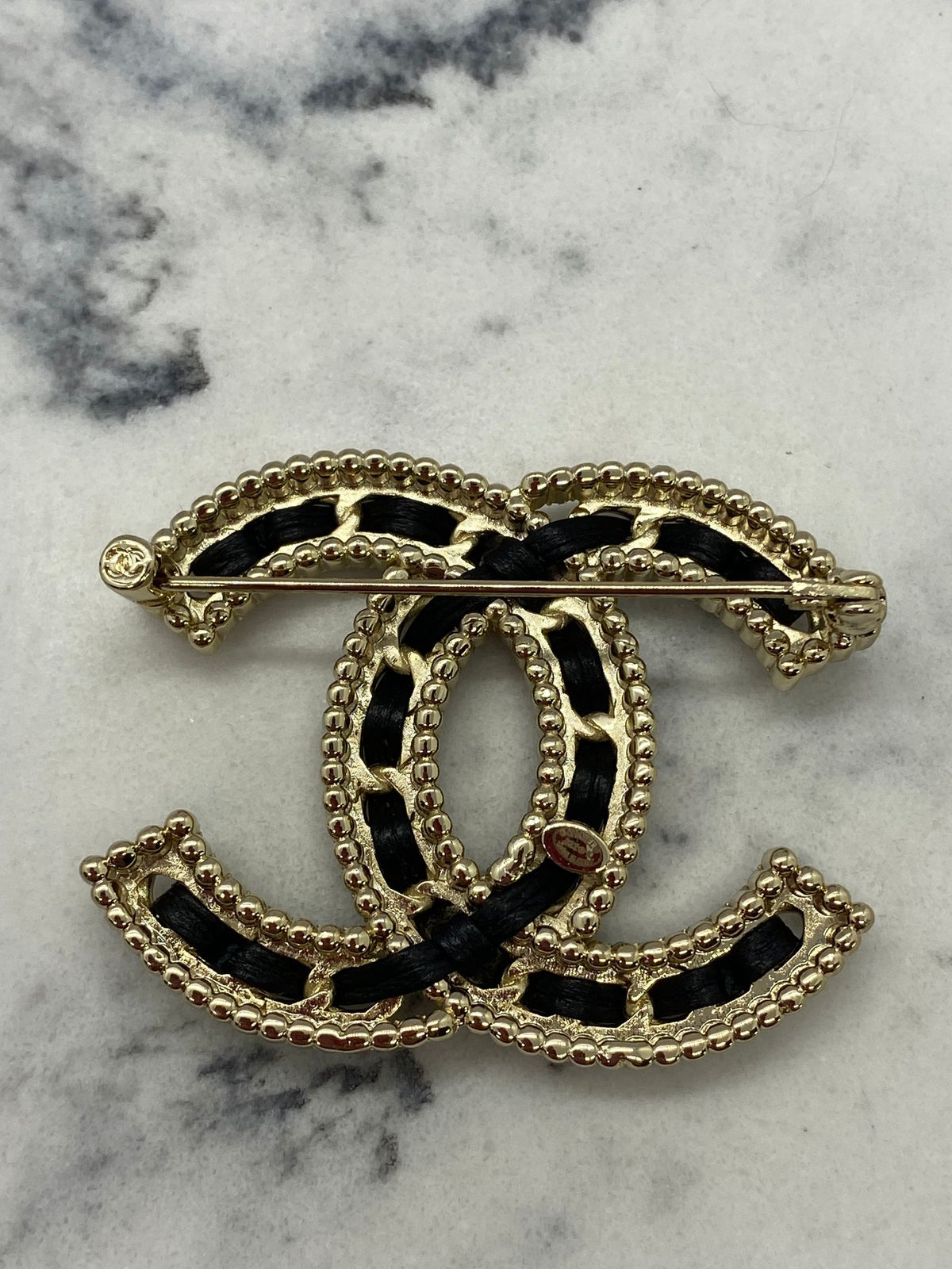 CHANEL CC Leather Trim Brooch Pin - Pre owned