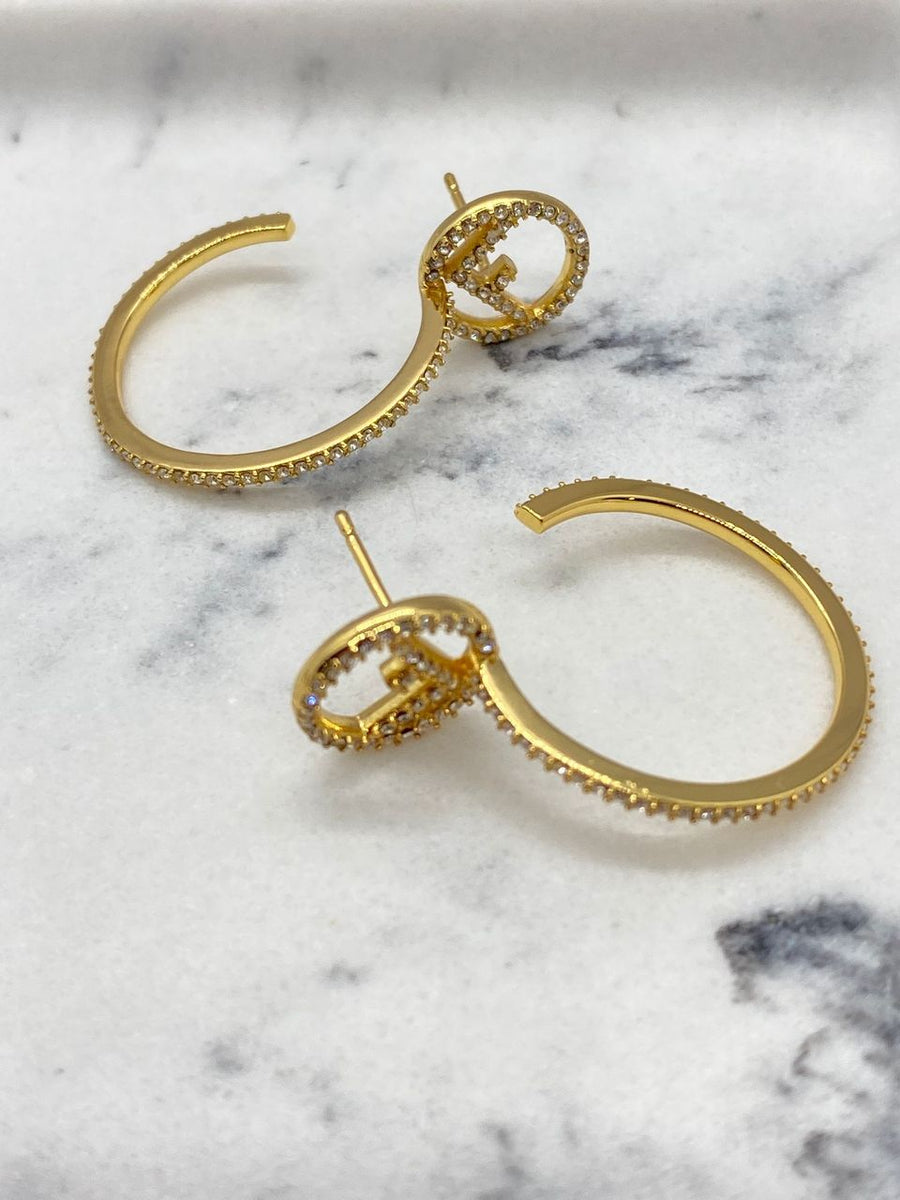 FENDI FF Gold Tone Rhinestone Earrings - Pre owned