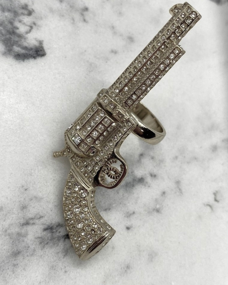 CHANEL CC Silver Tone Rhinestone Gun Ring Size 7 M - Pre owned