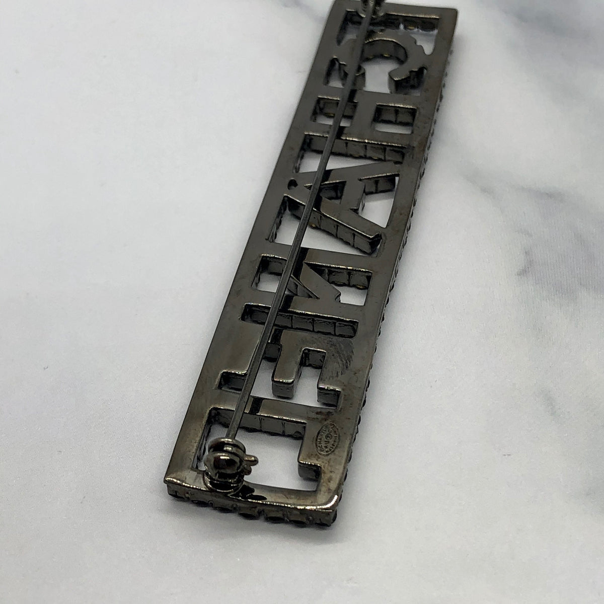 CHANEL Black Rhinestone Name Plate Brooch Pin - Pre owned