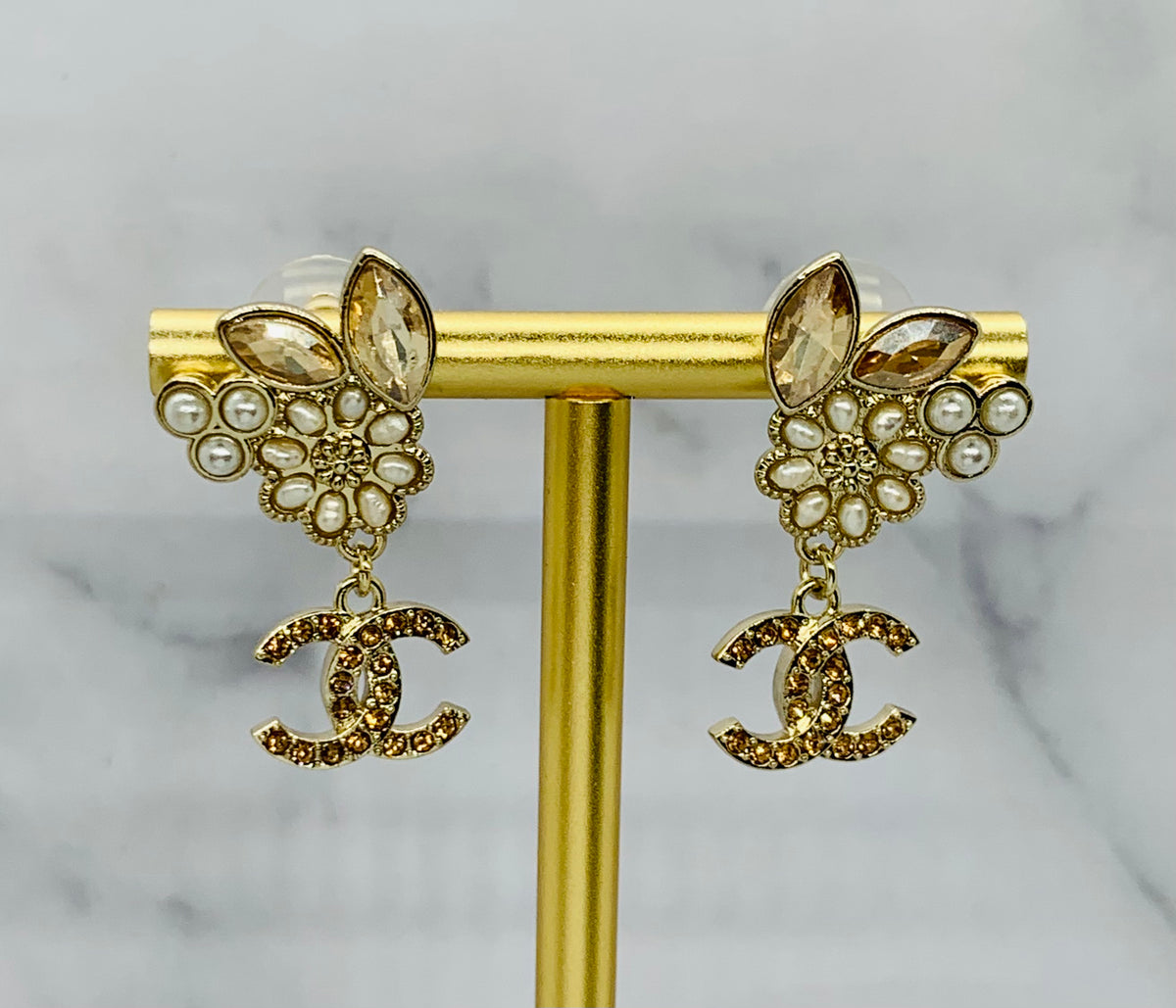 CHANEL CC Flower Pendant Earrings - USED