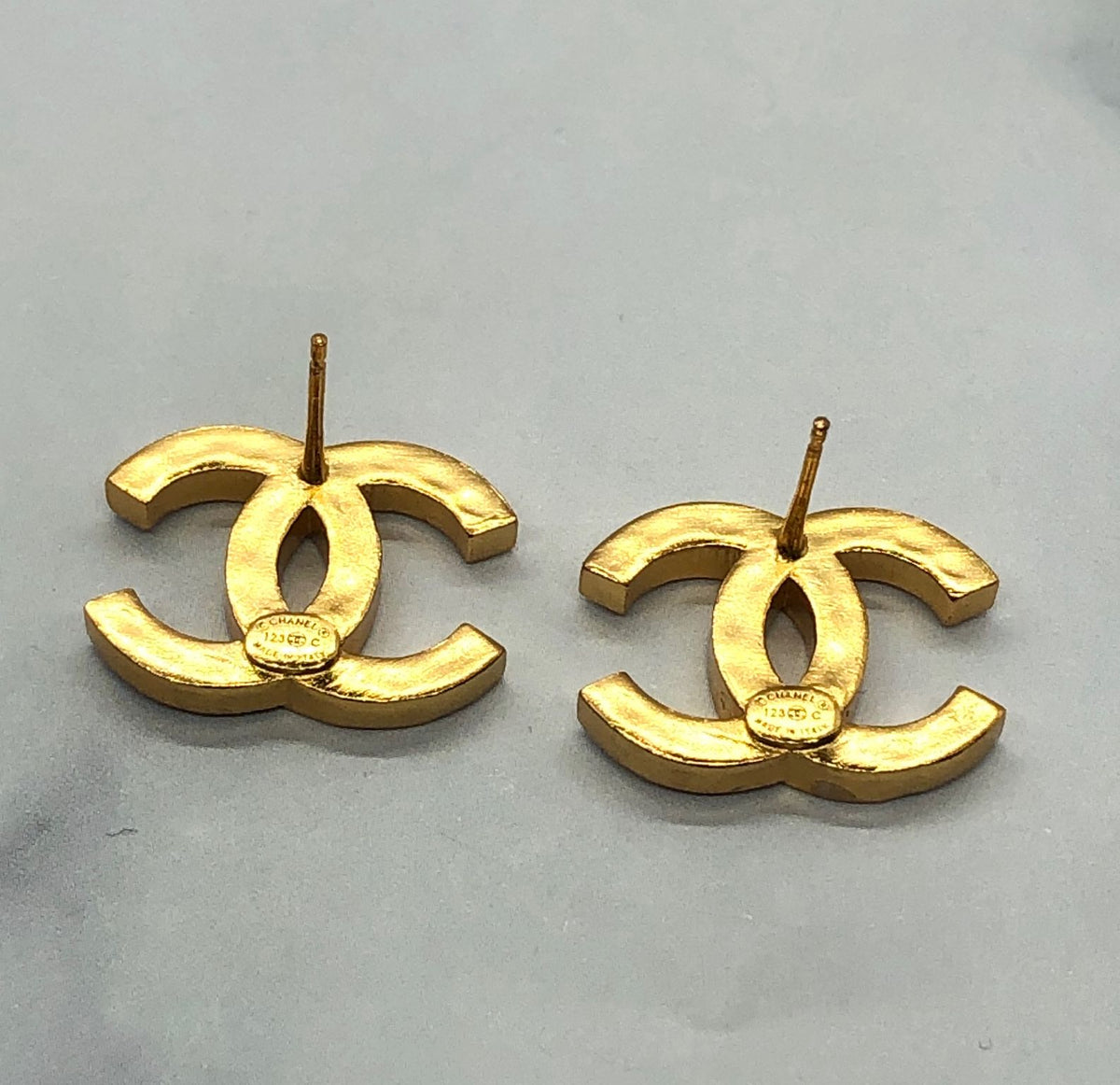 CHANEL CC Gold Tone White Striped Earrings - Pre owned