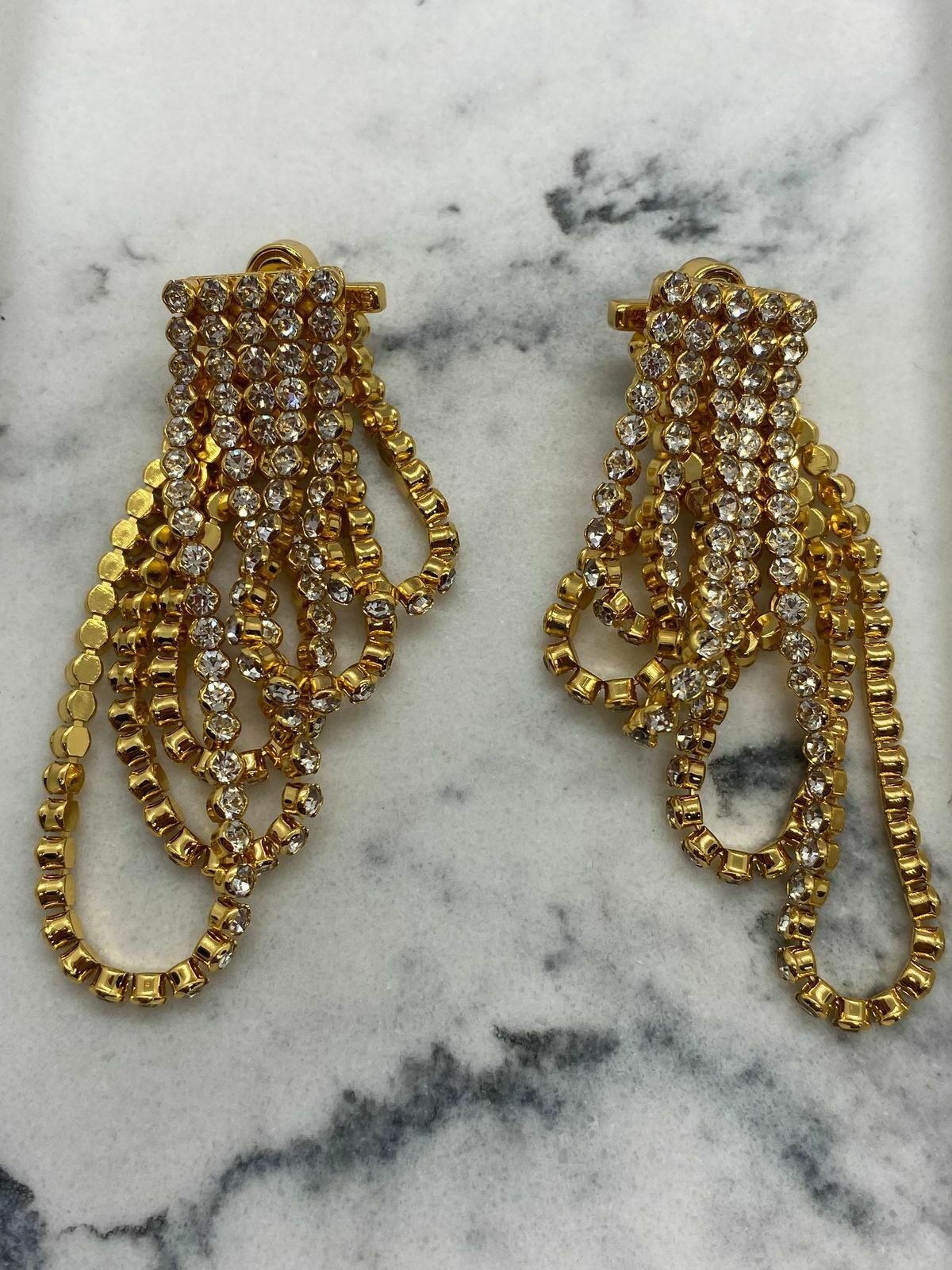 CELINE Gold Tone Rhinestone Fringe Earrings - Pre owned