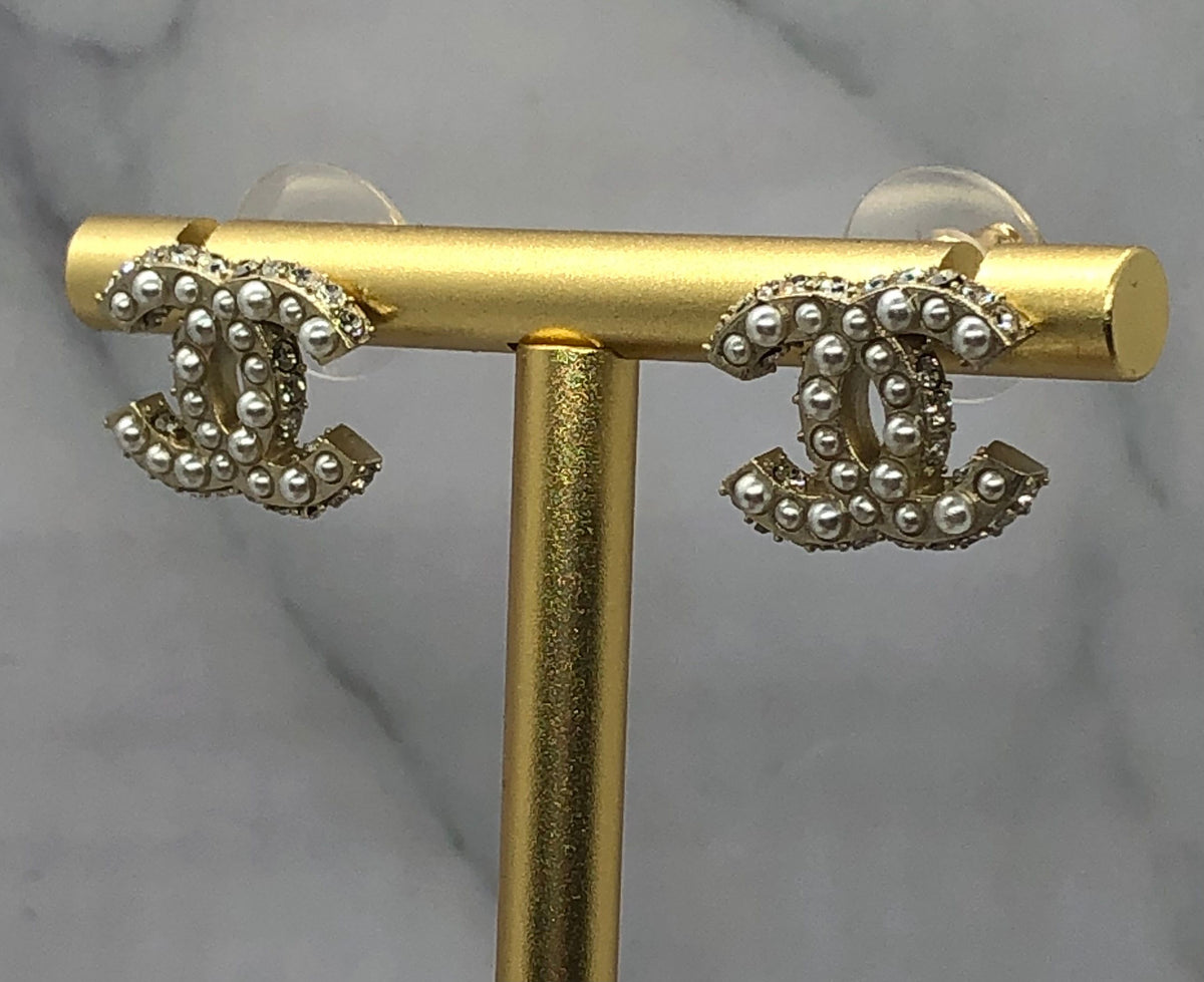 CHANEL CC Gold Tone Rhinestone Stud Earrings - Pre owned