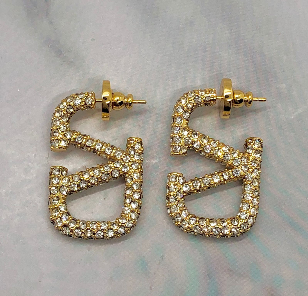 VALENTINO V Gold Tone Rhinestone Earrings - Pre owned