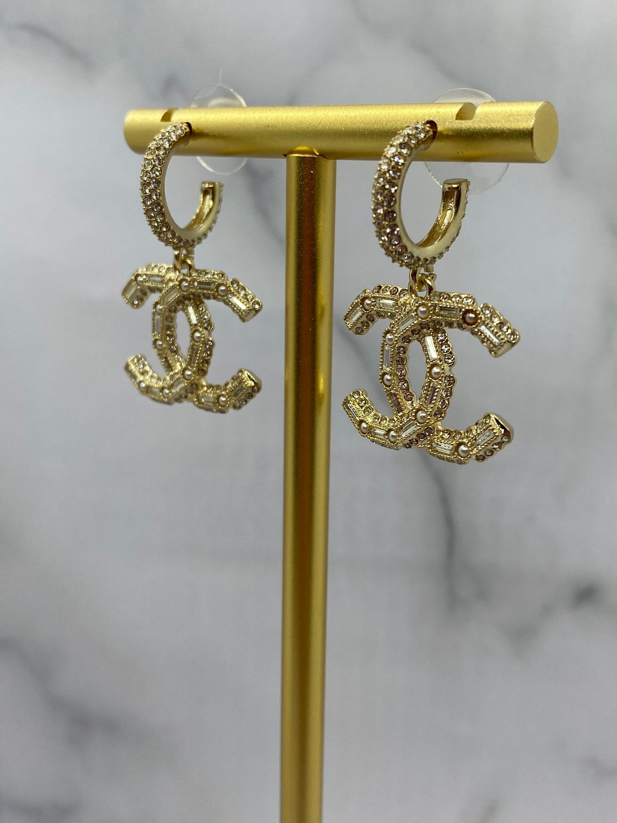 CHANEL CC Gold Tone Rhinestone Earrings - USED