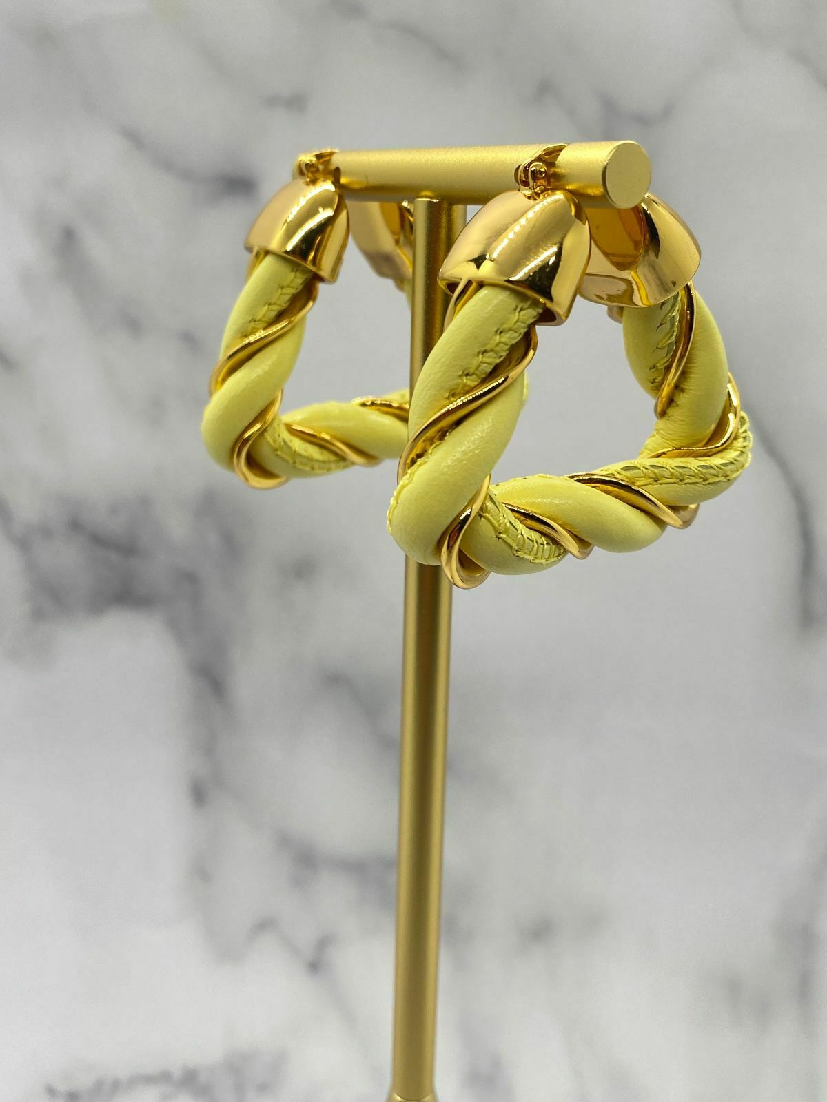 BOTTEGA VENETA Gold & Yellow Leather Hoop Earrings - Pre owned