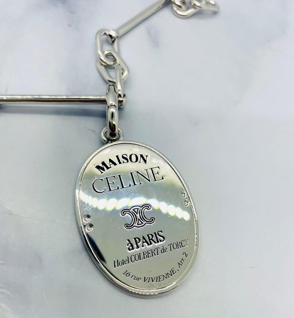 CELINE Silver Tone Maison Medal Charm Necklace - Pre owned