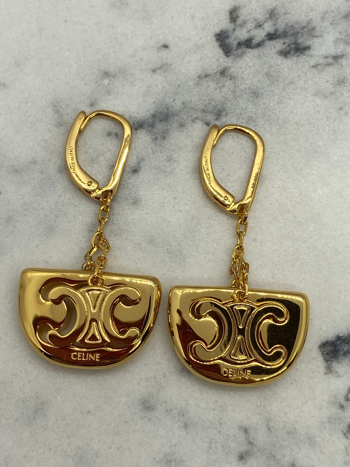 CELINE Gold Tone Monogram Pendant Earrings - Pre owned