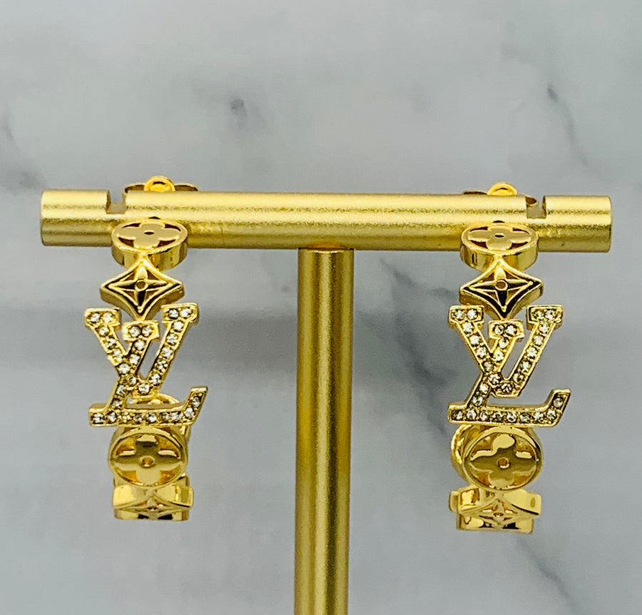 LOUIS VUITTON LV Monogram Rhinestone Hoop Earrings - USED