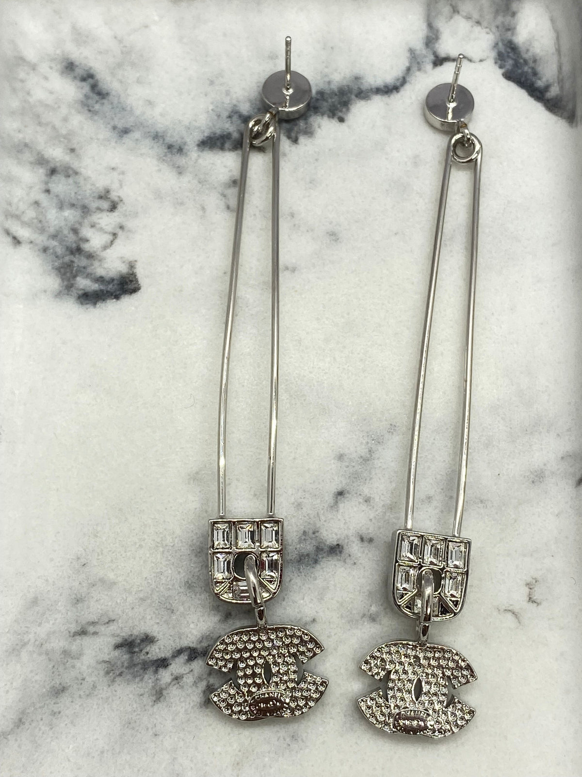 CHANEL CC Silver Tone Safety Pin Rhinestone Earrings - Pre owned