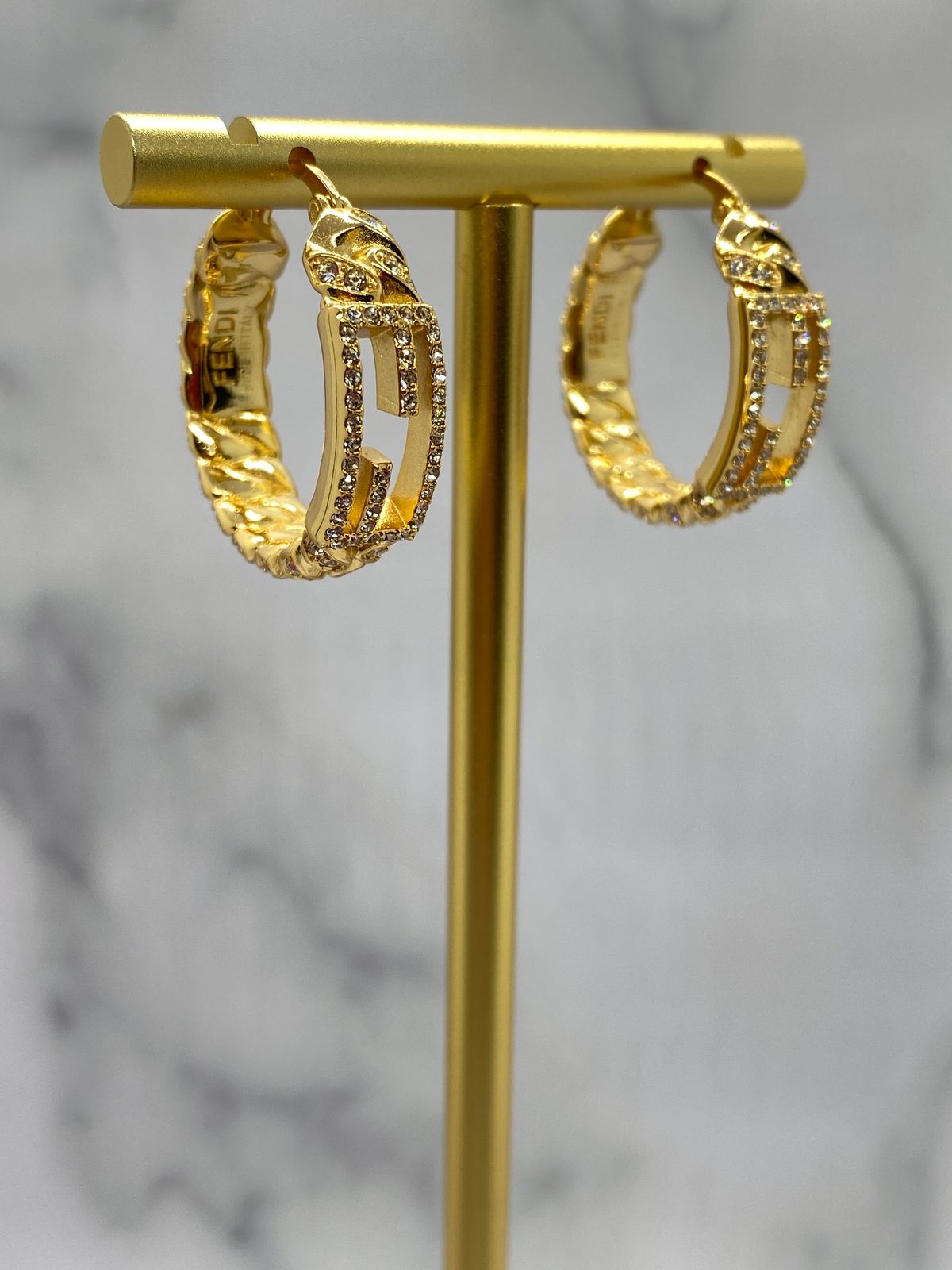FENDI F Gold Tone Rhinestone Hoop Earrings - Pre owned