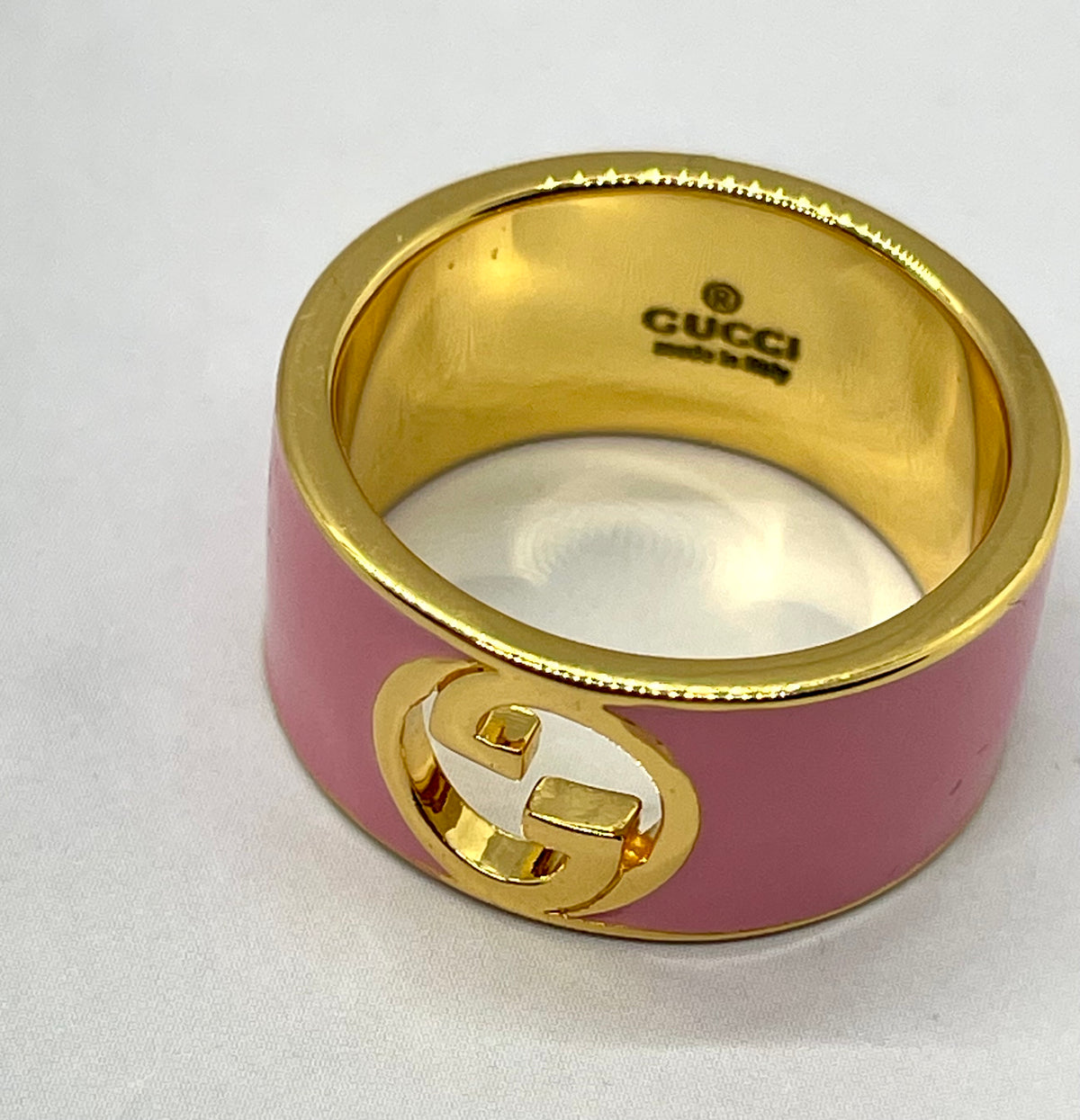 GUCCI Pink Enamel Monogram Ring Size 7.5 - Pre owned