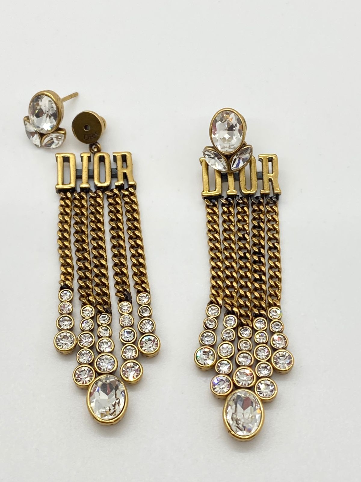 CHRISTIAN DIOR Brass Tone Rhinestone Fringe Earrings - Pre owned