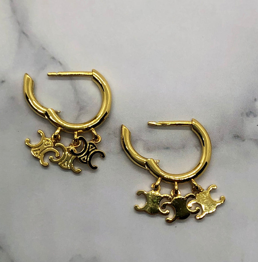 CELINE Gold Tone Monogram Hoop Earrings - Pre owned