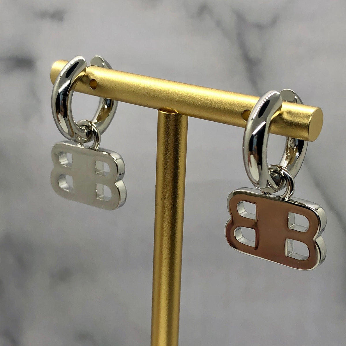 BALENCIAGA BB Silver Tone Rhinestone Earrings - Pre owned