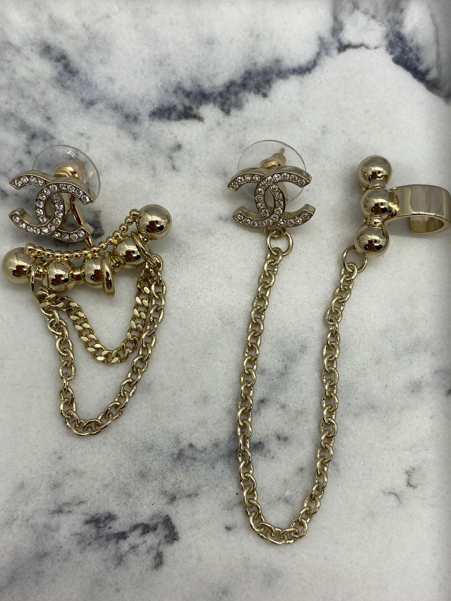 CHANEL CC Asymmetric Gold Tone Cuff Earrings - pre owned