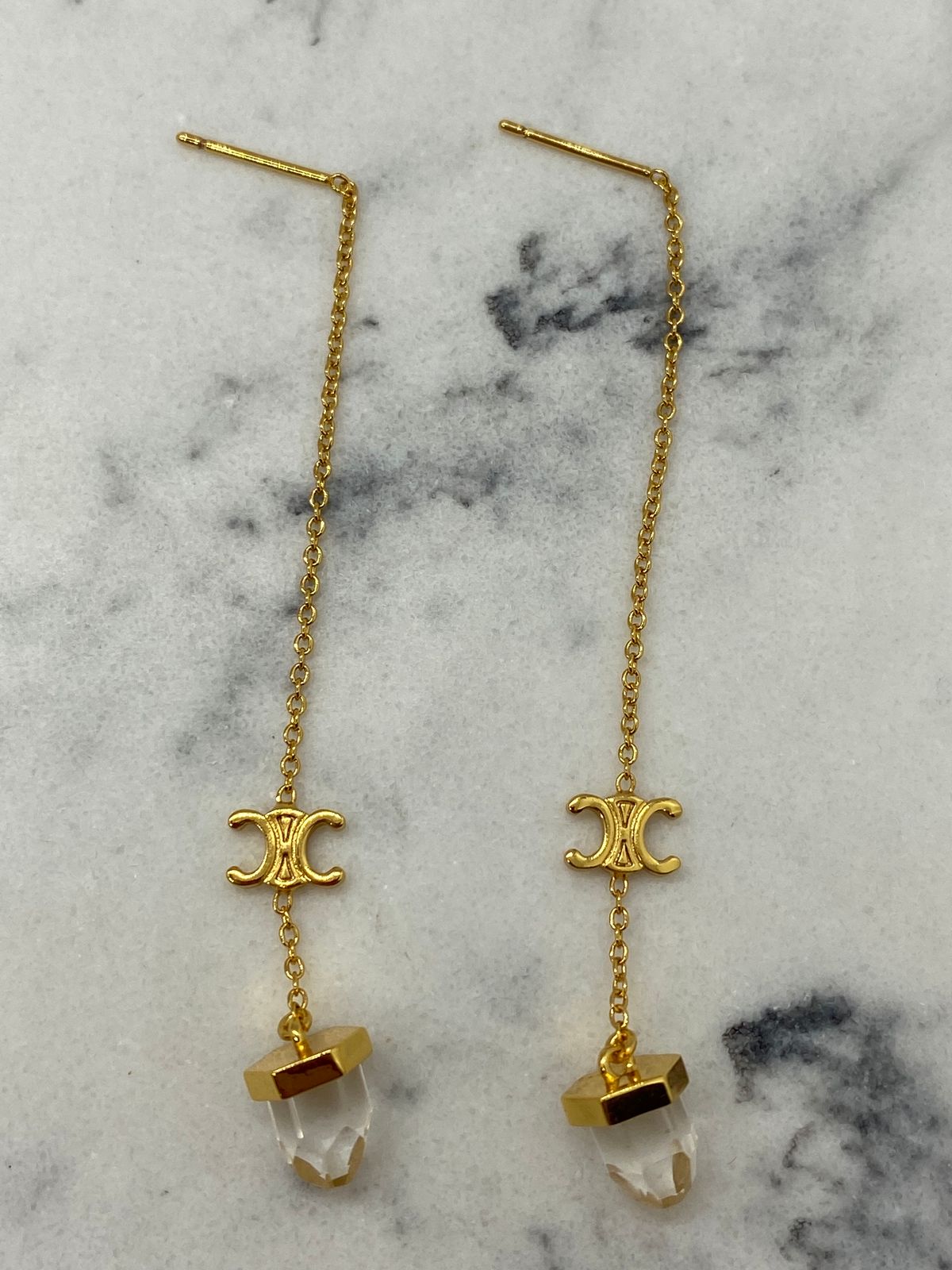 Auth CELINE Crystal Pendant Chain Earrings - Pre owned