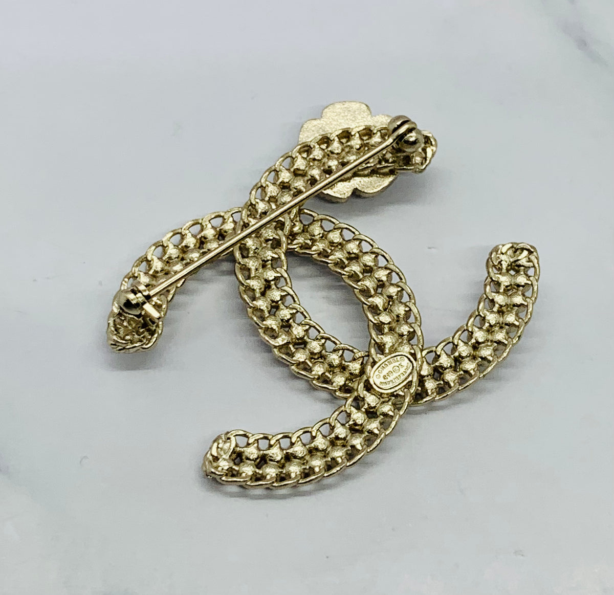 CHANEL CC Rhinestone Flower Brooch Pin - USED