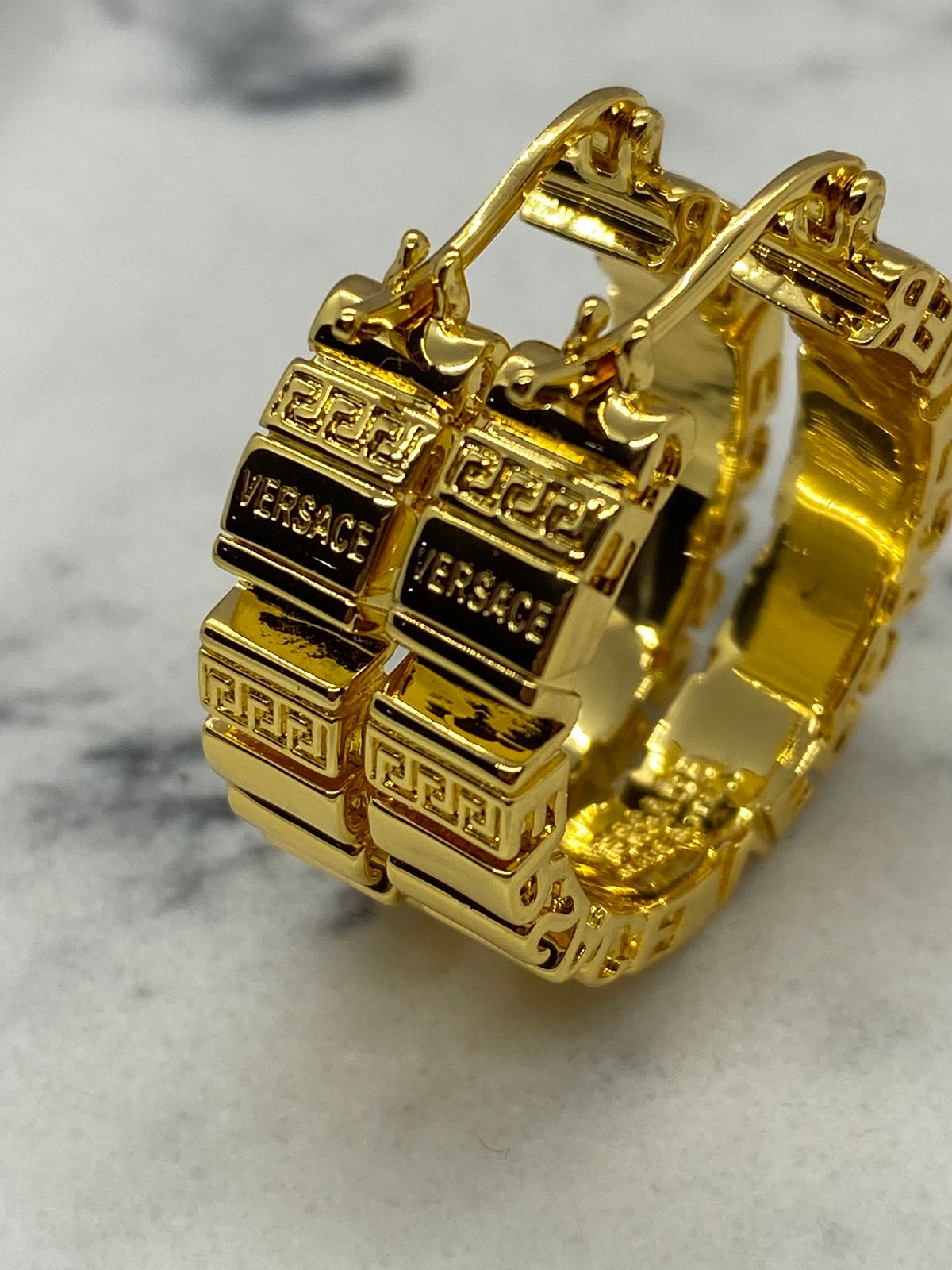 VERSACE Gold Tone Monogram Hoop Earrings - Pre owned