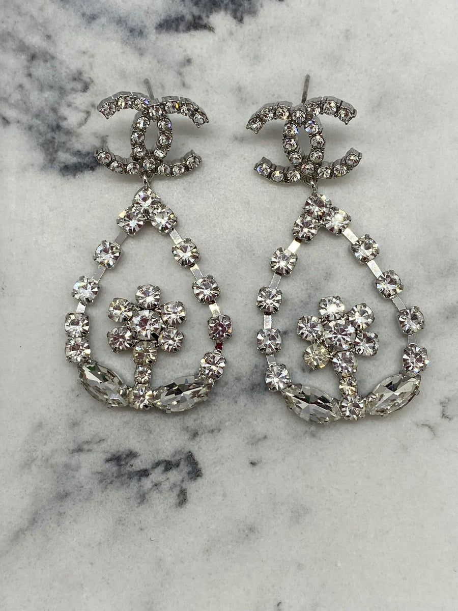 CHANEL CC Silver Tone Rhinestone Pendant Earrings - Pre owned
