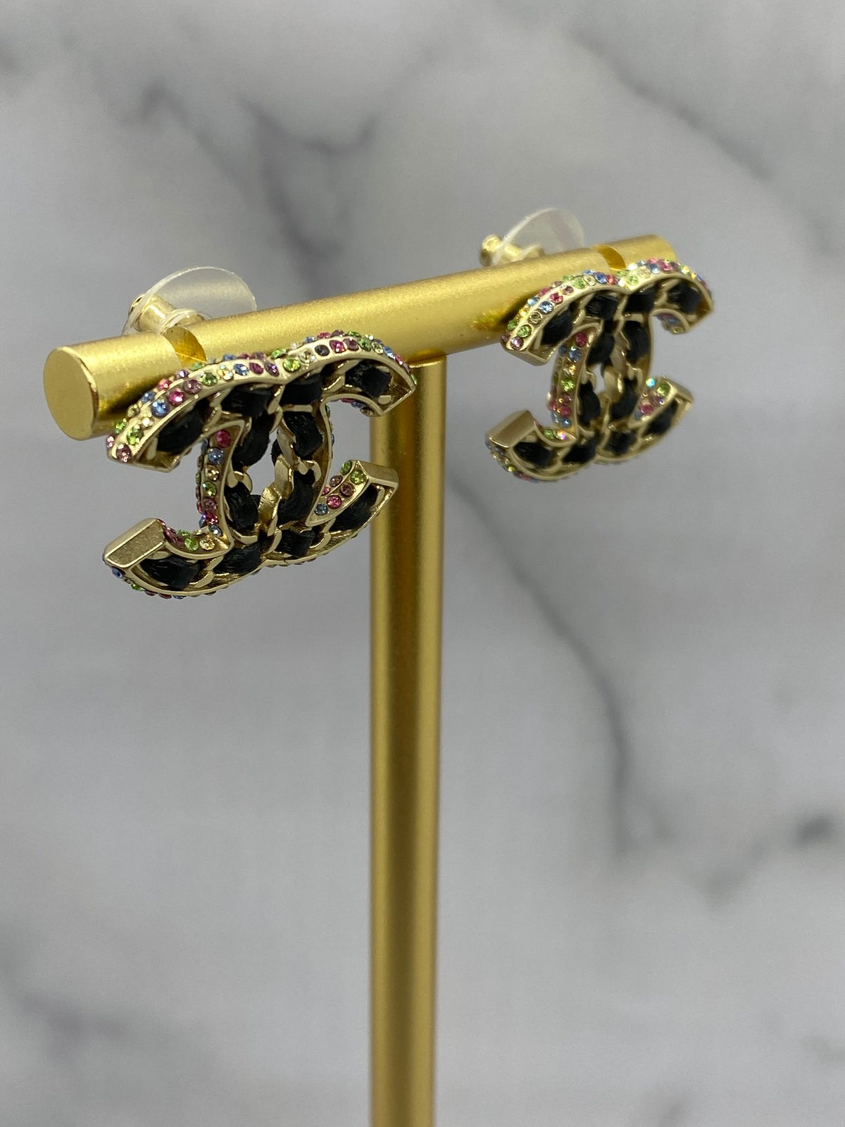CHANEL Leather & Rhinestone Trim Earrings - Pre owned /