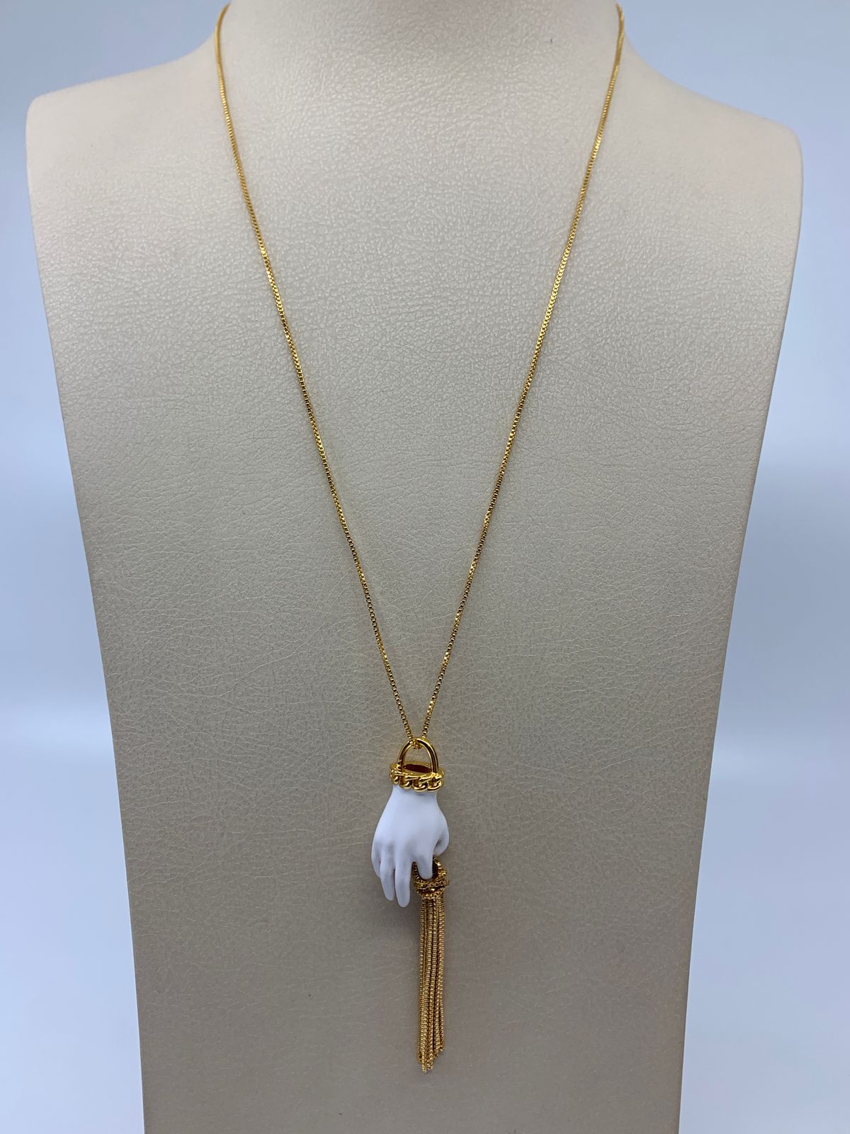 BOTTEGA VENETA Gold Tone & Porcelain Hand Charm with Fringe Necklace