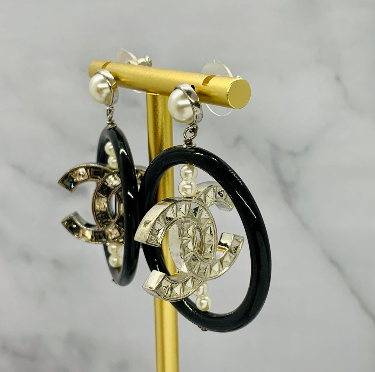 CHANEL CC Rhinestone Spinning Hoop Earrings - USED