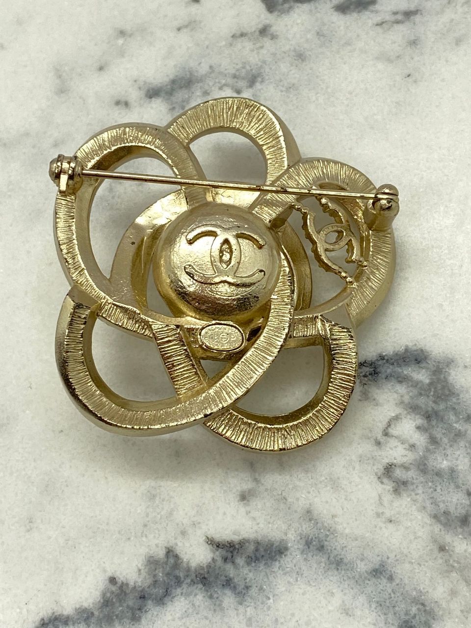 CHANEL CC Gold Tone Rhinestone Camelia Brooch Pin - USED