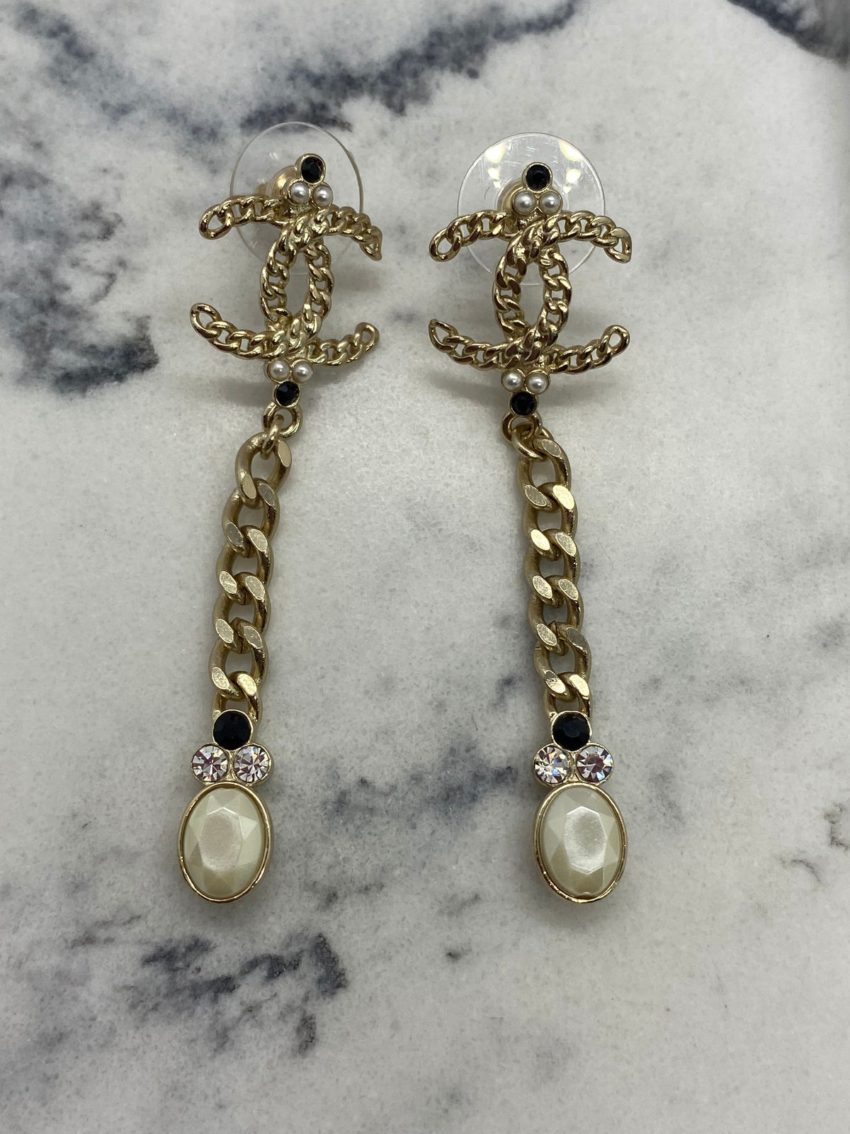 CHANEL CC Gold Tone Pearl Pendant Earrings - Pre owned