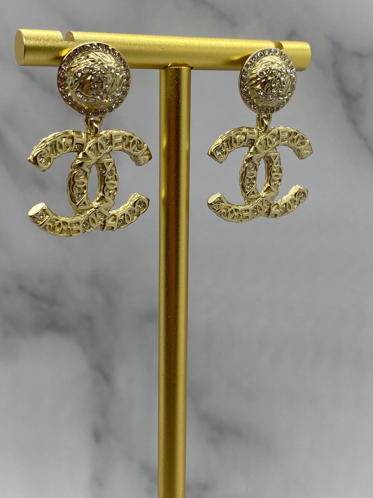 CHANEL CC Gold Tone Monogram Statement Earrings - USED