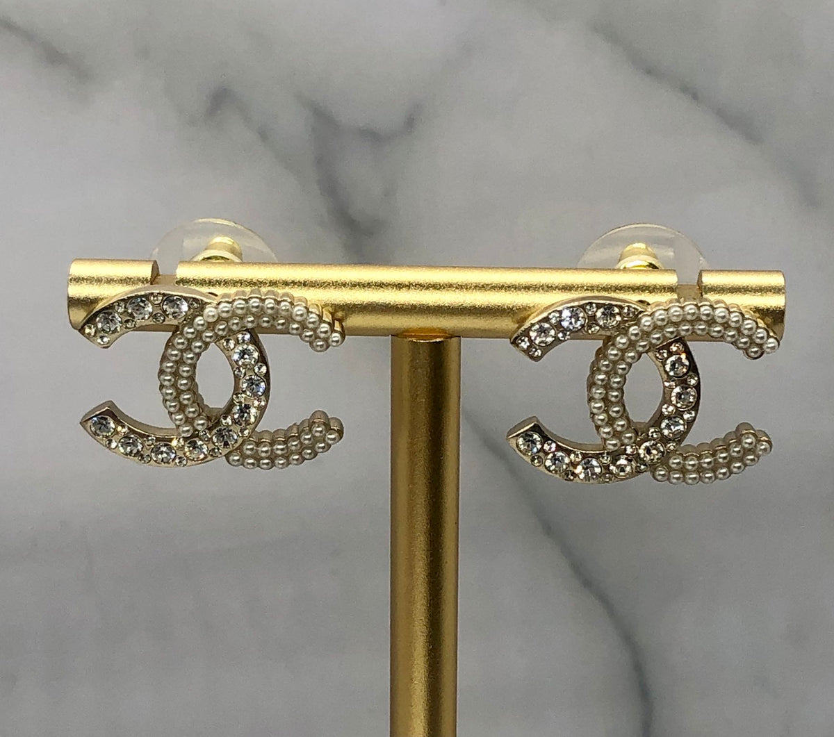 CHANEL CC Gold Tone Rhinestone Earrings - Pre owned