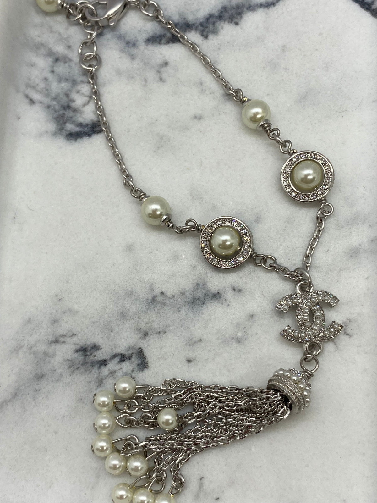 CHANEL CC Silver Tone Tassel Bracelet - Pre owned