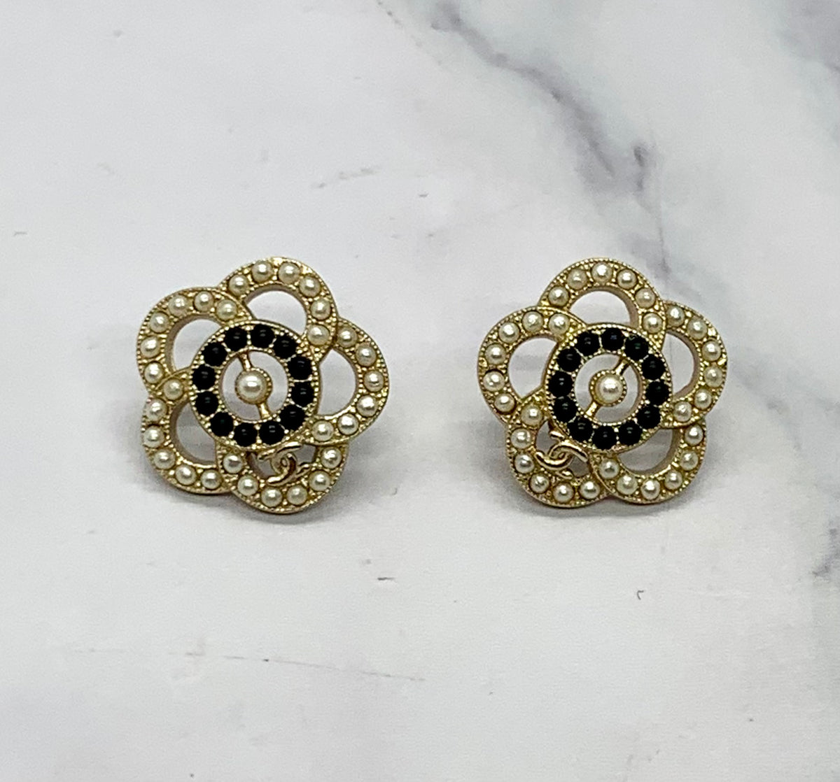 CHANEL CC Camelia Rhinestone Earrings - USED