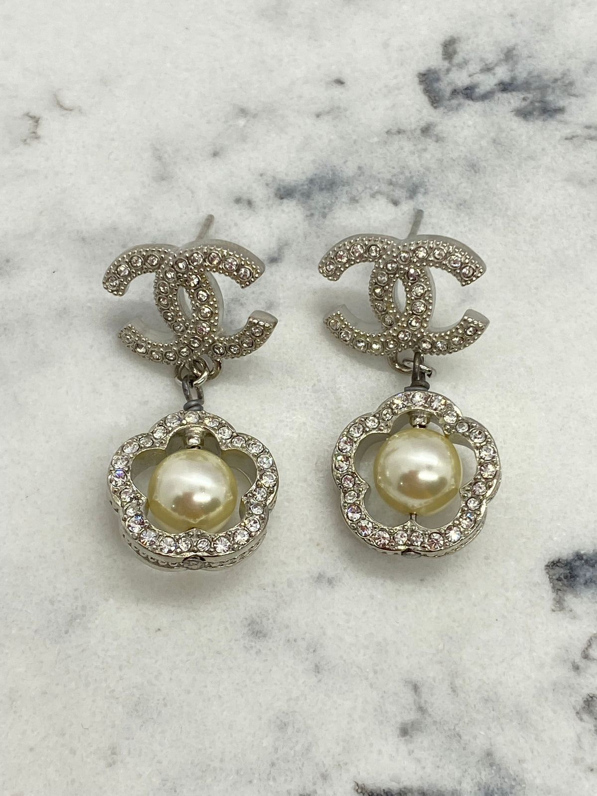 CHANEL CC Silver Tone Pearl Pendant Earrings - USED