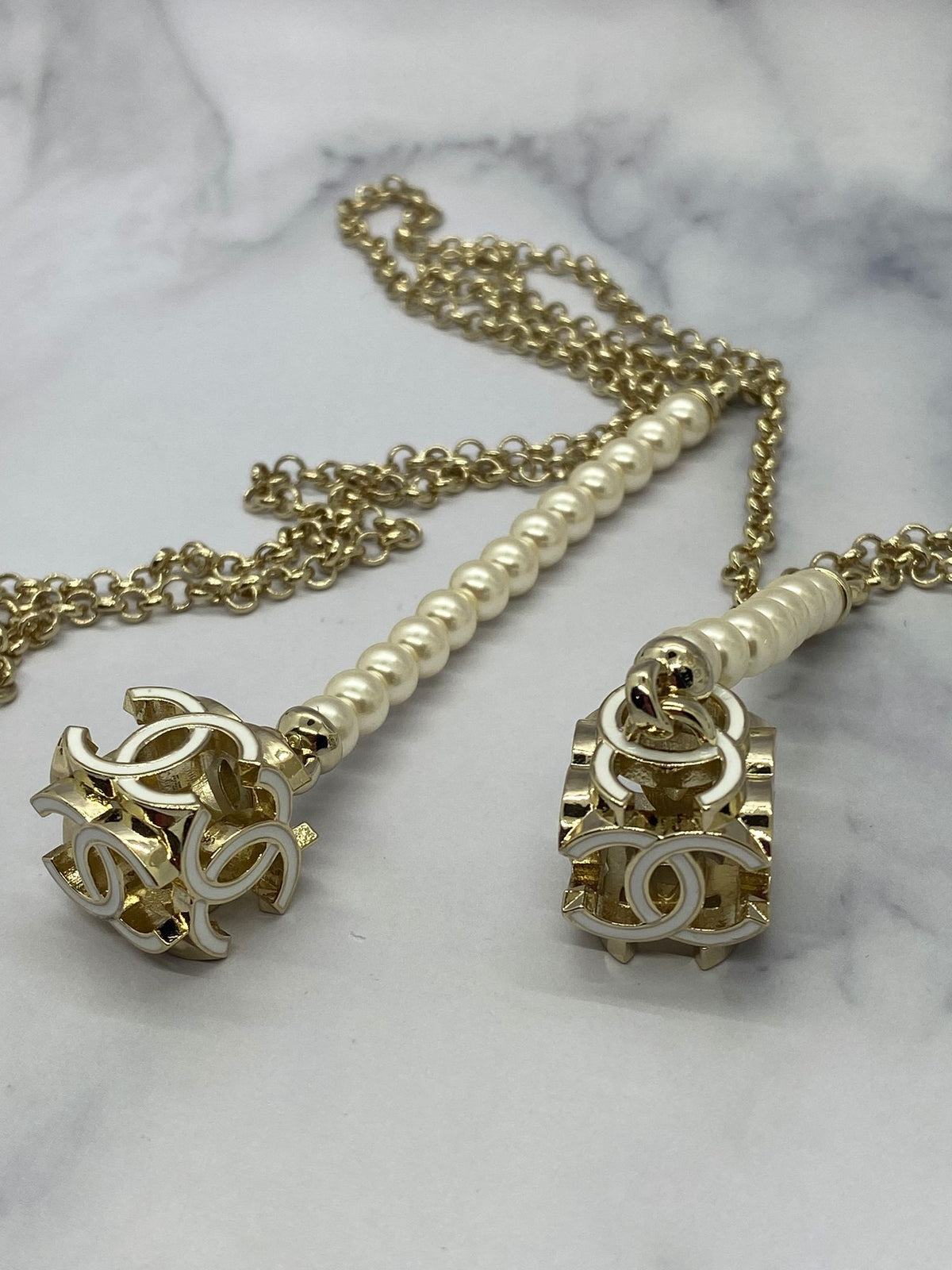 CHANEL CC Pearl Trim Pendant Wrap Necklace - USED