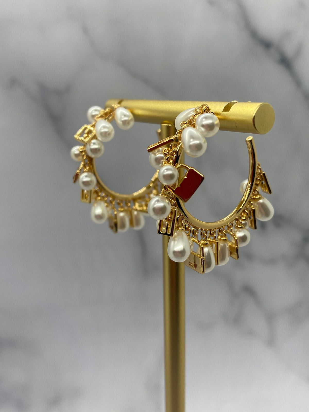 FENDI Gold & Pearl Baguette Charm Hoop Earrings - Pre owned