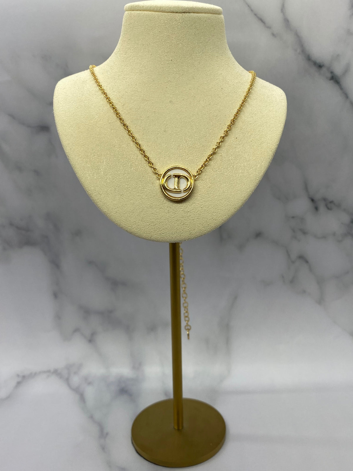 CHRISTIAN DIOR CD Gold Tone White Logo Chain Necklace - USED