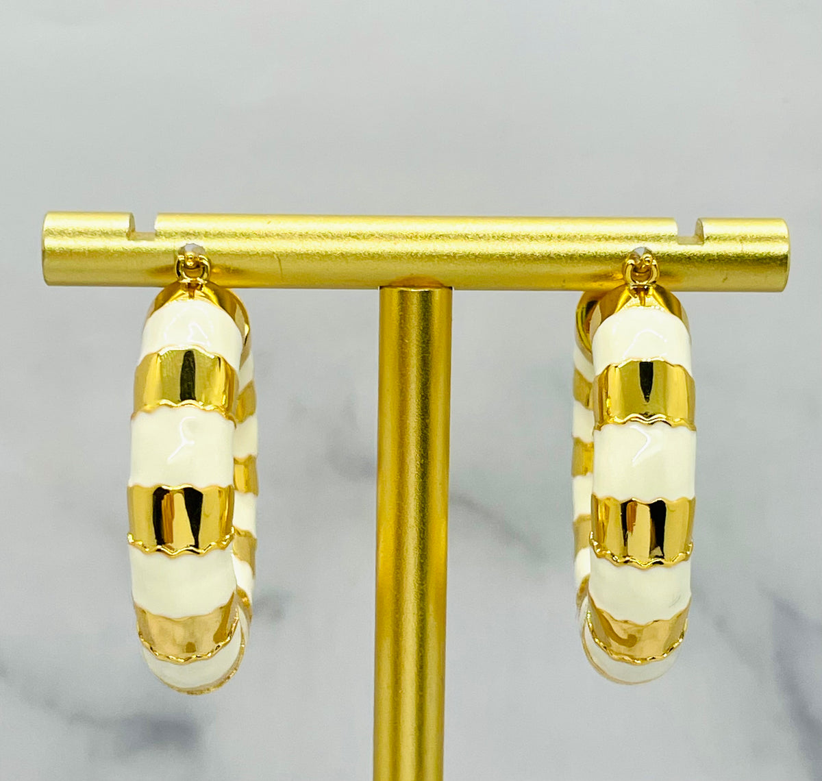 CELINE Paris Enamel White & Gold Hoop Earrings - Pre owned
