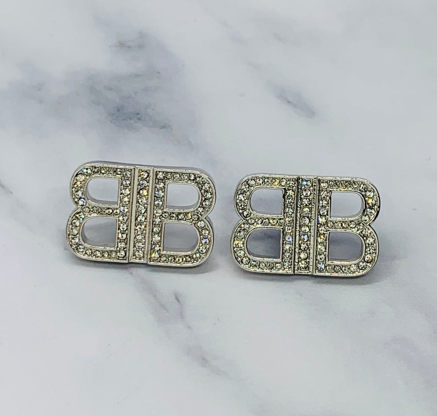 BALENCIAGA Silver Tone Rhinestone Earrings - Pre owned