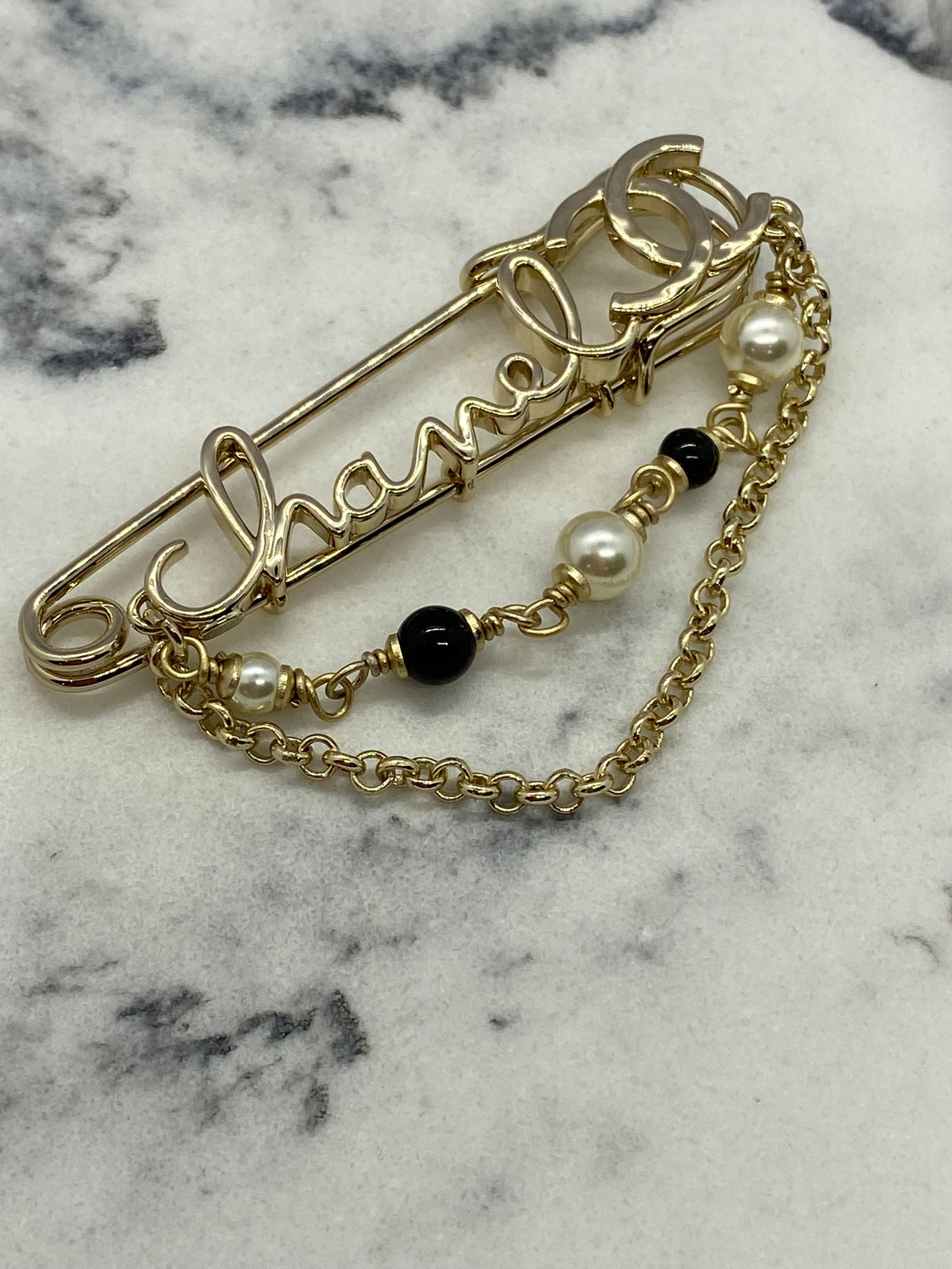 CHANEL Silver Tone Script Brooch Pin - Pre owned