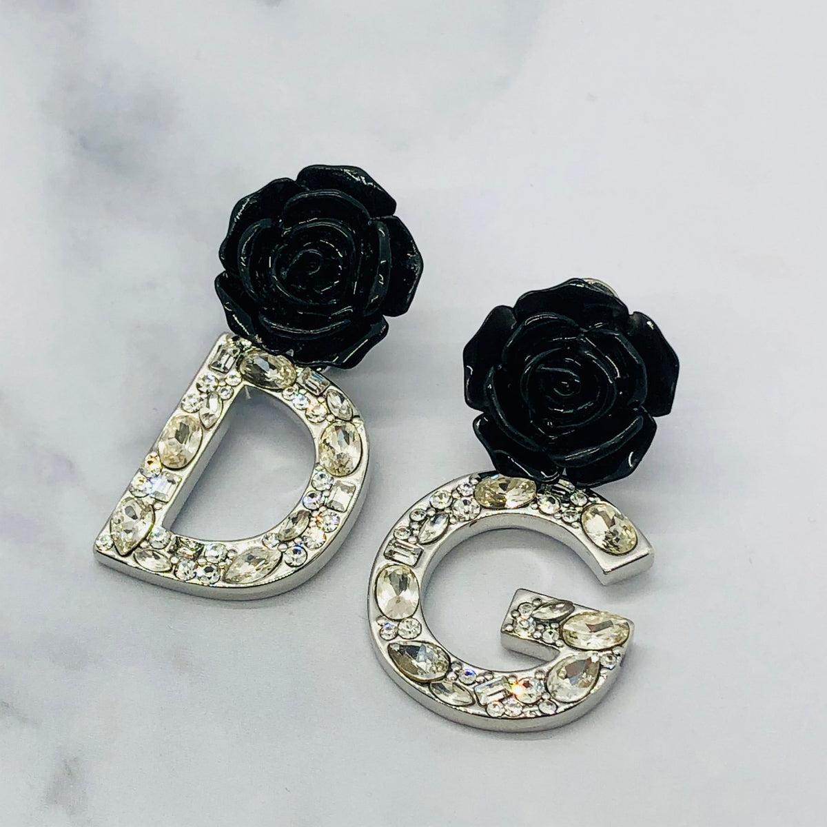 DOLCE & GABBANA Black Rose Rhinestone Earrings - Pre owned