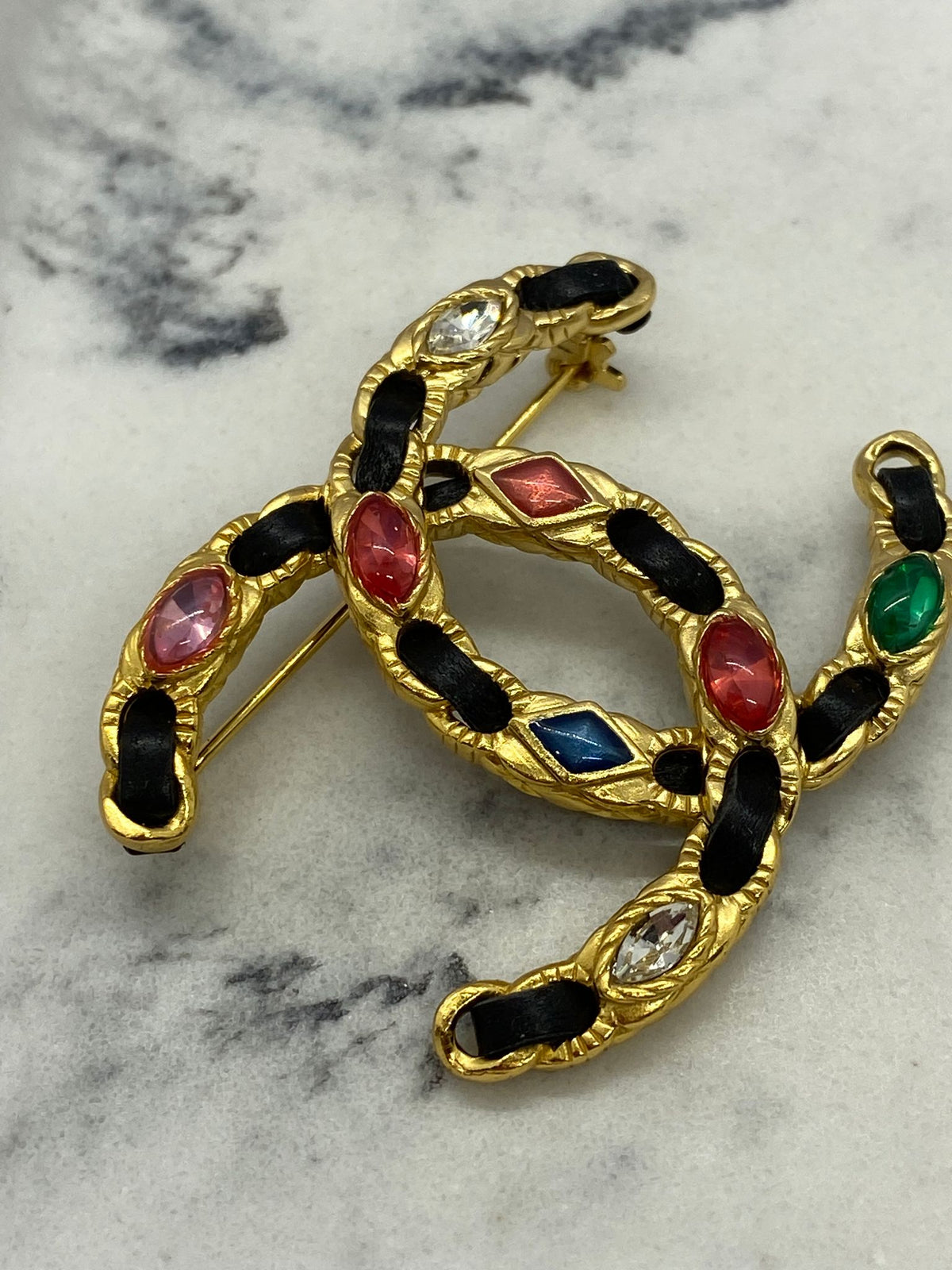 CHANEL CC Leather Trim Rhinestone Brooch - USED